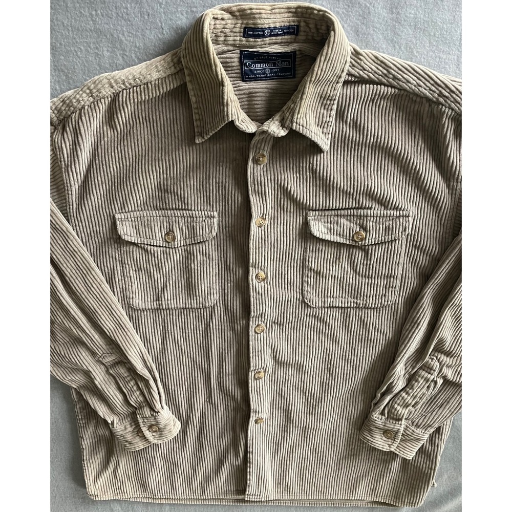 Common Man Dale Waters Mens XL Corduroy Button Down Shirt Tan Khaki Cotton